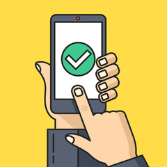 Poster - Hand holding smartphone with check mark icon on screen. Green checkmark. Finger touches display. Modern thin line flat design graphics elements. Vector illustration
