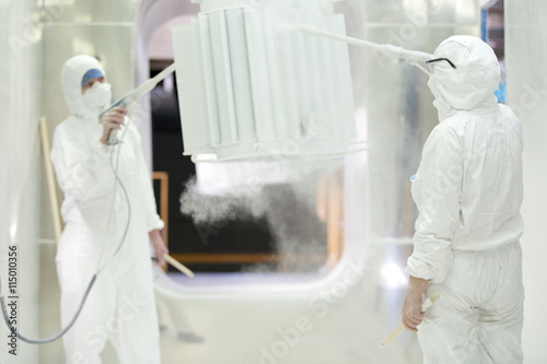 Metal Surface Finishing Two Professional Factory Painters Workers