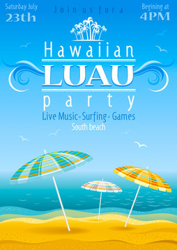Beach party luau background with stripped umbrellas