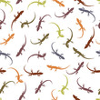 Seamless pattern with lizards. Colorful silhouettes of reptiles
