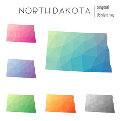 Poster - Set of vector polygonal North Dakota maps. Bright gradient map of the US state in low poly style. Multicolored North Dakota map in geometric style for your infographics.