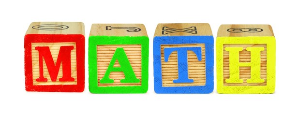 Wooden toy letter blocks spelling MATH isolated on white