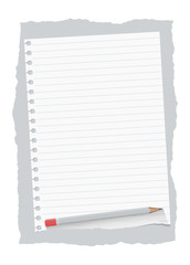 Poster - Ripped white ruled notebook paper sheet are on gray background with wooden pencil