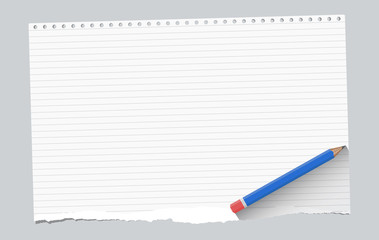 Poster - Ripped white ruled notebook paper sheet are on gray background with blue wooden pencil