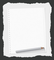 Poster - White ruled notebook paper sheet are on gray ripped background with wooden pencil
