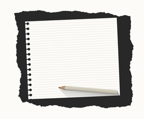 Poster - White ruled notebook paper sheet are on black ripped background with wooden pencil