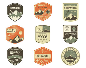 set of retro style ski club, patrol labels. classic mountain elements. winter or summer camping expl