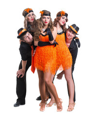 Wall Mural - Cabaret dancer team dancing. Isolated on white background in full length.