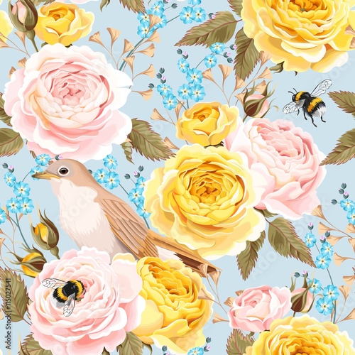 Cotton fabric English roses and birds seamless