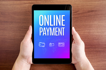 Poster - Two hand holding tablet with online payment and icon on screen a