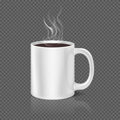 Wall Mural - White steam over coffee or tea cup on dark plaid background. Beverage coffee in ceramic cup, morning mug of coffee. Vector illustration