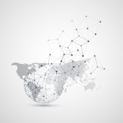 Poster - Cloud Computing and Networks with World Map - Abstract Global Digital Network Connections, Technology Concept Background, Creative Design Element Template with Transparent Geometric Grey Wire Mesh