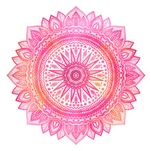Pink Watercolor Mandala, Indian Motif. Ornate Round Ornament.