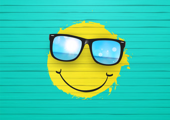 Vector Summer Design. Yellow Smiley face painted on wooden wall, with realistic sunglasses.

