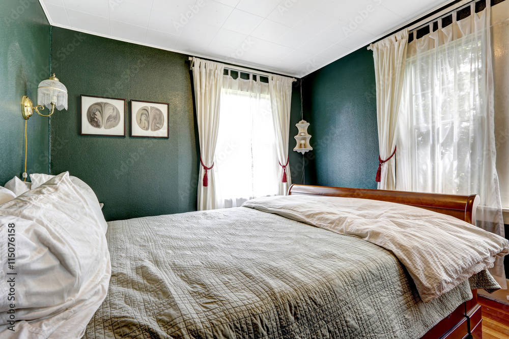 Small Bedroom With Wooden Bed Dark Green Walls Foto Poster