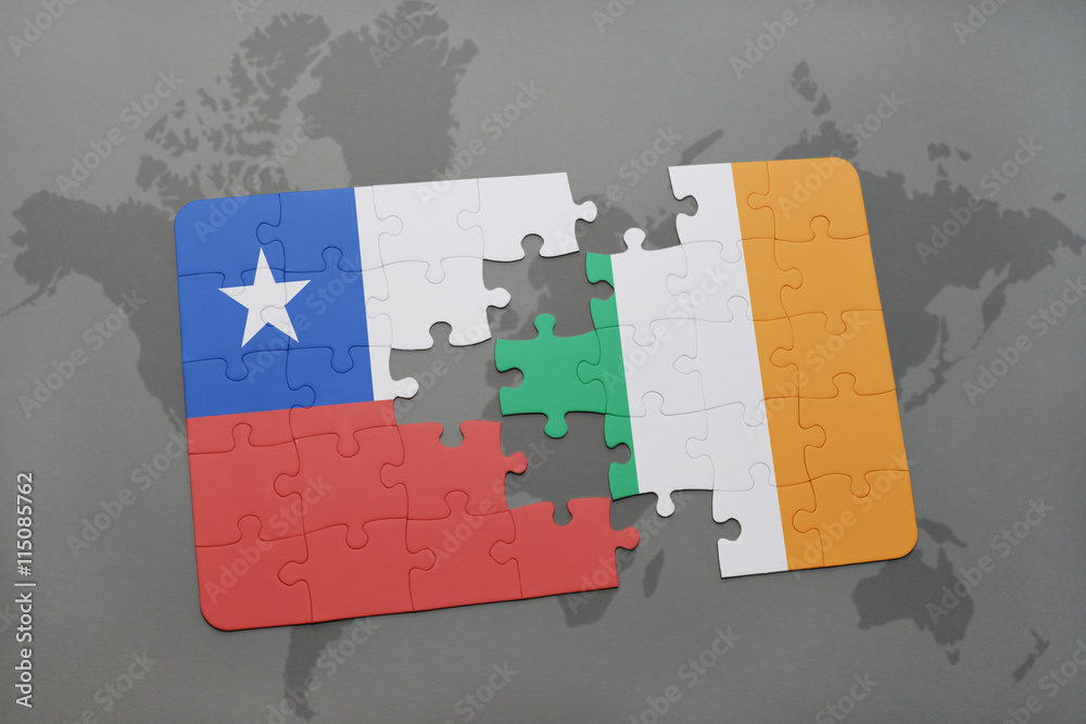 puzzle with the national flag of chile and ireland on a world map ...