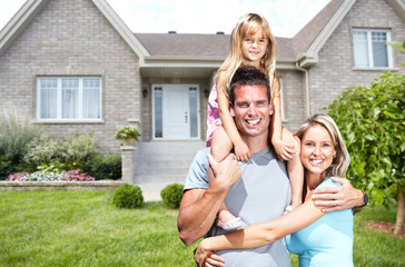 Poster - Happy family near new house.