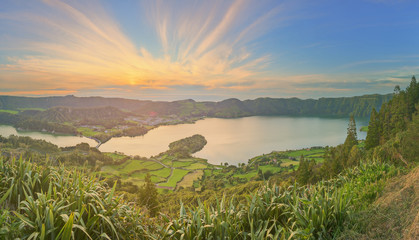 Wall Mural - mountain landscape with hiking trail and view of beautiful lakes, ponta delgada, sao miguel island, 