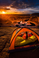 Cup of Coffe at Sunrise Reflection Canyon Utah Lake Powell Campi