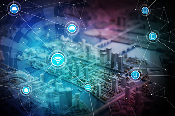 Poster - smart city diorama and wireless communication network, abstract image visual, internet of things