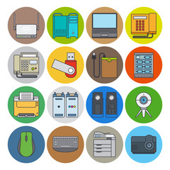 Poster - Electronic devices flat line icons. Web camera and laptop, projector and printer vector icons