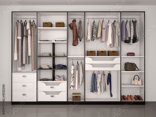 Fotografía black and white wardrobe closet full of different things. 3d ill
