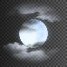 Realistic Detailed Full Blue Moon With Clouds Isolated On Transparent Background. Eps10 Vector Illustration, Easy To Use.
