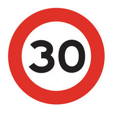 Speed Limit Sign. Speed Limit 30 Icon. Isolated Illustration Of Circle Speed Limit Sign With Red Border.