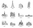 Old continent landmarks and favorite travel places in line icons style.