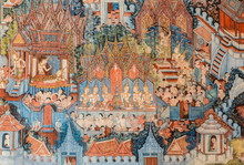 Ancient Buddhist Temple Mural Painting Of The Life Of Buddha In Thailand