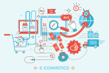 Aufkleber - Modern graphic design style concept of online shopping, e-commerce online sales, digital marketing. Promo flat line color web Banner illustration.