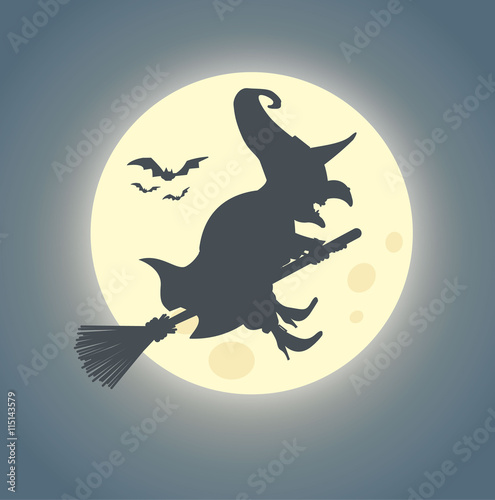 Fotografía Halloween Hexe auf Hexenbesen reitet im Mondschein - Vektor