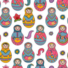 Vector seamless pattern with russian Matryoshka dolls and floral elements