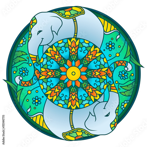 Obraz w ramie Słoń - kolorowy okrągły ornament