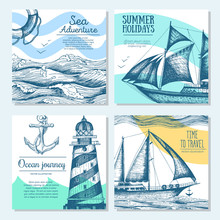 Sea Set. Nautical Elements Banner Collection. Vector Illustration Drawn In Ink.
