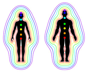 Human aura and chakras on white background - vector illustration