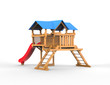 Kides playhouse made out of wood with blue roof - on white background