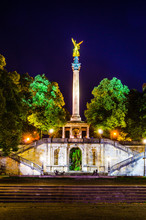 Tthe Golden Angel Of Peace "Friedensengel" In Munich In Bavaria At Night