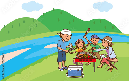 川沿いバーベキューをするファミリーのイメージイラスト Stock Vector Adobe Stock