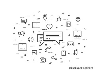 Fototapete - Messenger chat application linear vector illustration. Creative concept messaging (message speech), mobile app icons. Graphic design online chatting application. Outline messenger icons.
