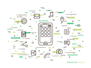 Fototapete - Mobile app (application) linear vector illustration. Line graphic design of mobile app. Creative concept of flat design application software.
