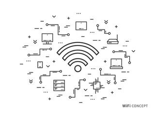 Fototapete - Wifi linear vector illustration. Creative flat concept wifi, servers, laptop, computer, tablet, phone. Graphic design online free wifi.
