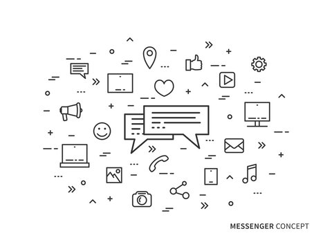 Messenger chat application linear vector illustration. Creative concept messaging (message speech), mobile app icons. Graphic design online chatting application. Outline messenger icons.
