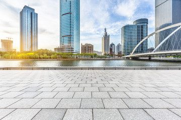 Sticker - empty floor and city skyline under blue sky,tianjin china