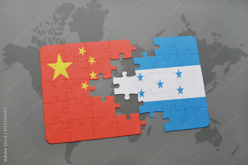 puzzle with the national flag of china and honduras on a world map ...