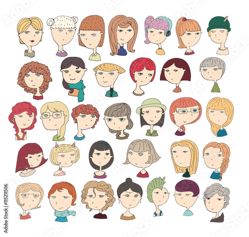 Cute Vector Illustration With Girls Heads Fun Colored With
