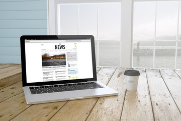 Poster - laptop with news website on screen with port background and coff
