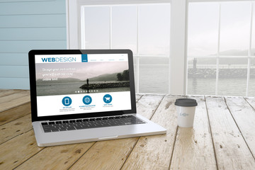 Poster - laptop with web design website on screen with port background an