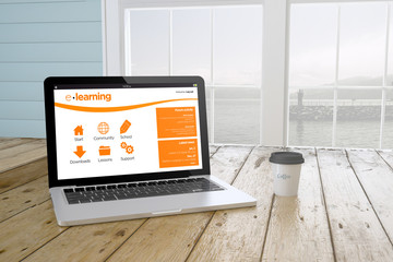 Poster - laptop with e-learning interface on screen with port background