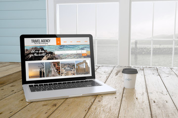 Poster - laptop with travel agency website on screen with port background